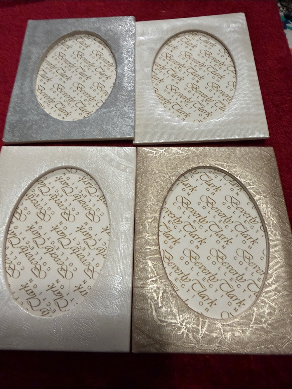 Set of 4 Metallic Oval-fabric  Photo Frames - Silver, Champagne, ivory like new